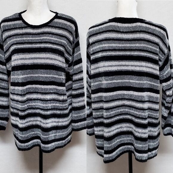 VINTAGE 1990s All Points Black Gray Striped Chenille Crew Neck Sweater - Picture 1 of 10